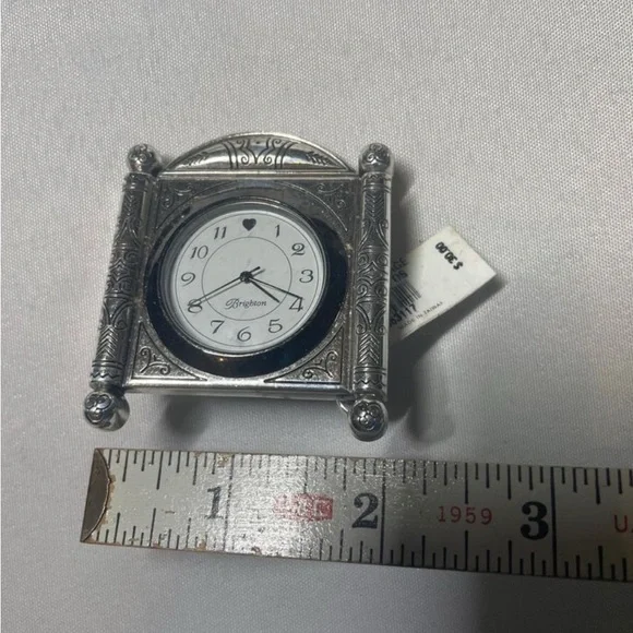 Brighton Vintage Silver-Tone Decorative Mini
Desk Clock with Ornate Frame Design - Picture 4 of 6
